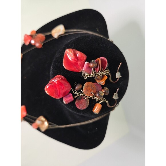 Necklace Coral Gold & Salmon Color 20" 3 Tier Including Earrings & 3 Braceletsj - Picture 5 of 7